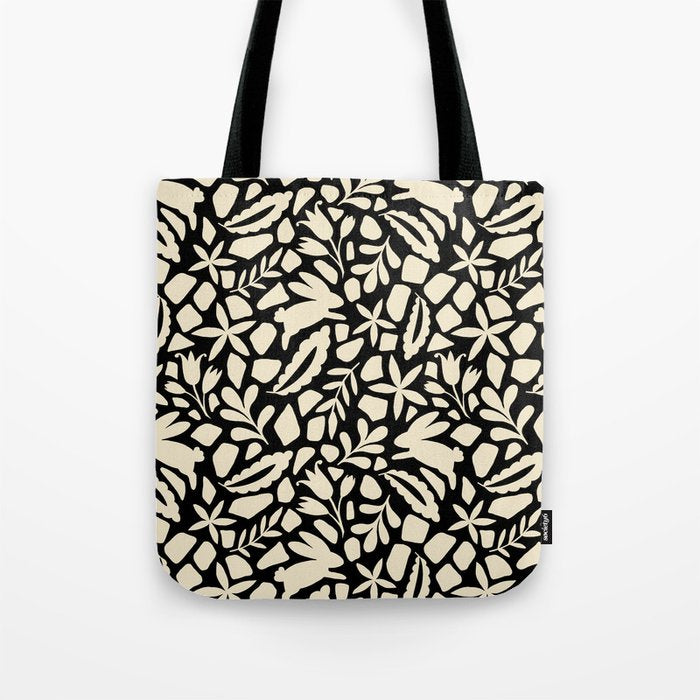 Folk Art Bunnies - black and cream Tote Bag Gallery Image 1