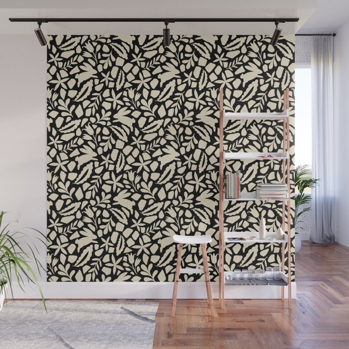 Folk Art Bunnies - black and cream Wall Mural Gallery Image 1