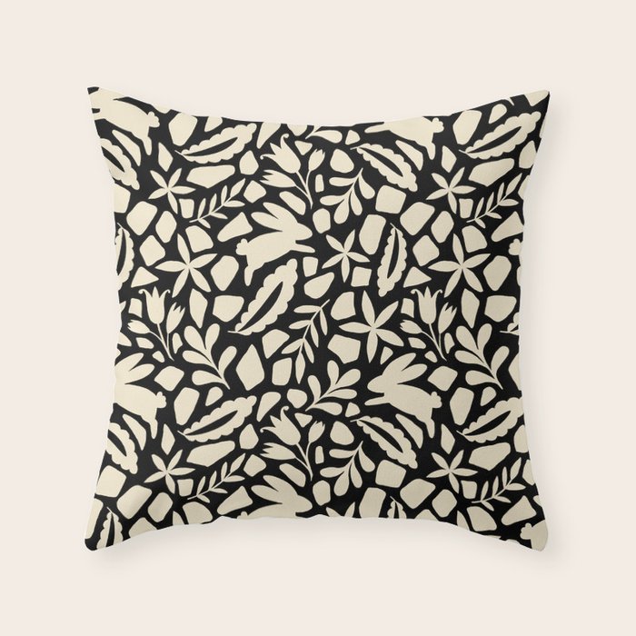 Folk Art Bunnies - black and cream Throw Pillow Gallery Image 1
