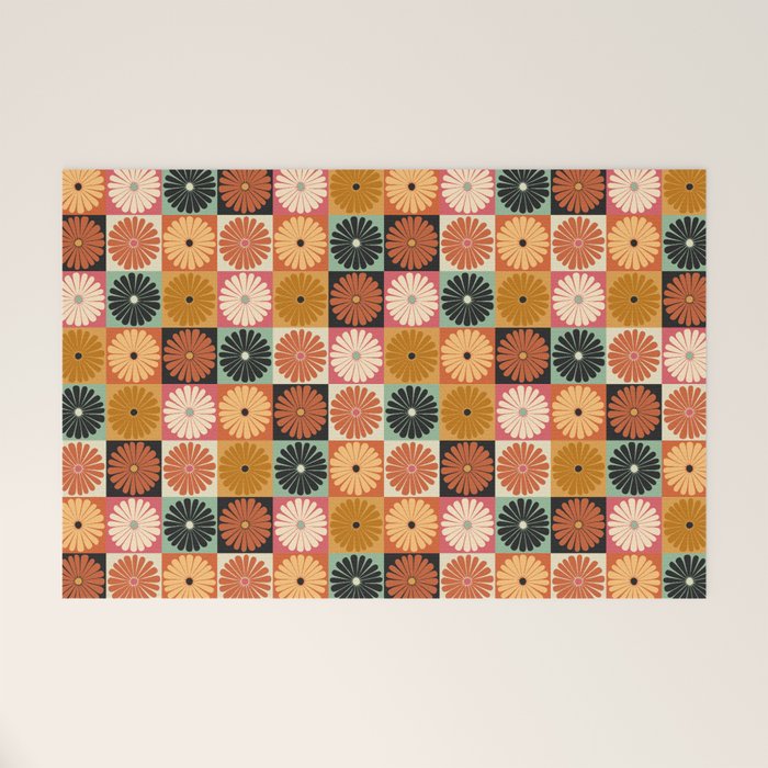 Retro Flowers Check Pattern XVI Welcome Mat Gallery Image 1