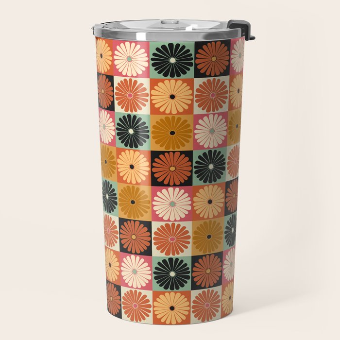 Retro Flowers Check Pattern XVI Travel Mug Gallery Image 2