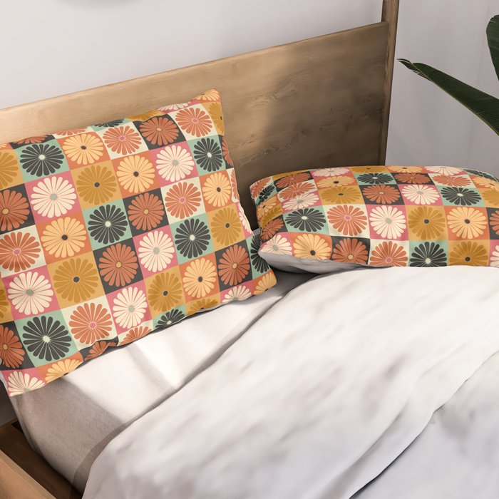 Retro Flowers Check Pattern XVI Pillow Sham Gallery Image 2