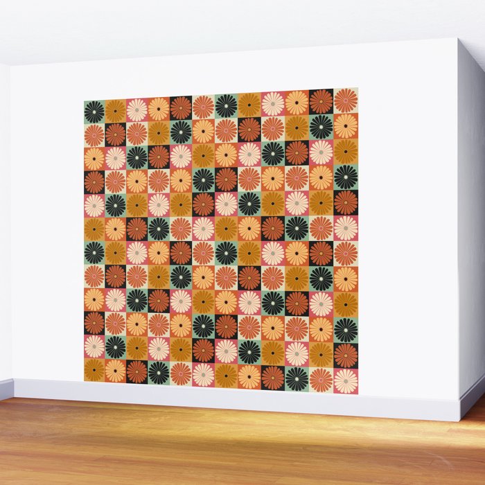 Retro Flowers Check Pattern XVI Wall Mural Gallery Image 2