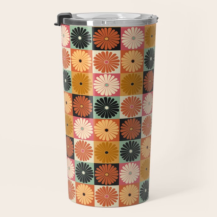Retro Flowers Check Pattern XVI Travel Mug Gallery Image 3