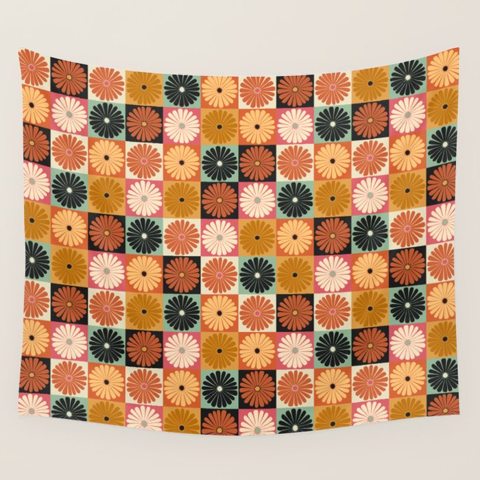 Retro Flowers Check Pattern XVI Wall Tapestry Gallery Image 4