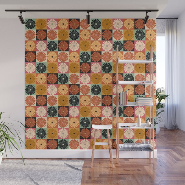 Retro Flowers Check Pattern XVI Wall Mural Gallery Image 1