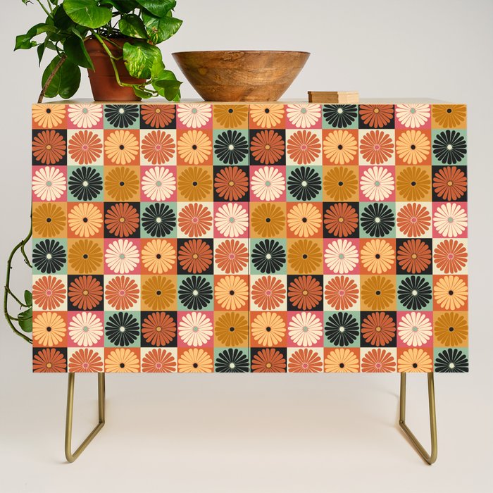 Retro Flowers Check Pattern XVI Credenza Gallery Image 1