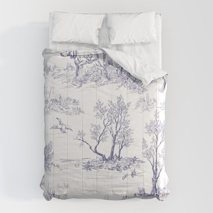 Toile de Jouy Vintage French Navy Blue White Pattern Comforter Gallery Image 6