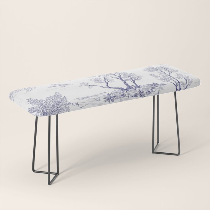 Toile de Jouy Vintage French Navy Blue White Pattern Bench Gallery Image 1