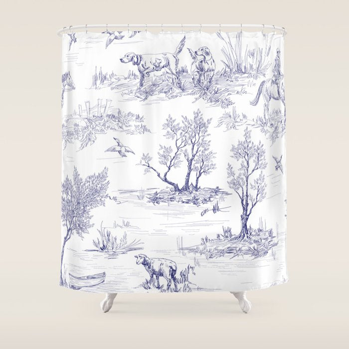 Toile de Jouy Vintage French Navy Blue White Pattern Shower Curtain Gallery Image 1