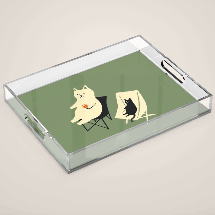 Happy go Lucky Cat 4r relax enjoy coffee on chair Acrylic Tray Gallery Image 1