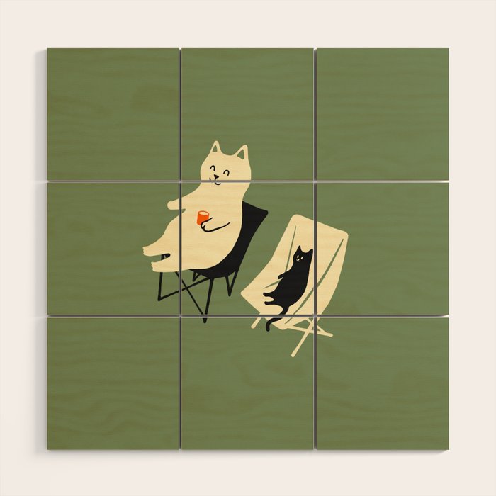 Happy go Lucky Cat 4r relax enjoy coffee on chair Wood Wall Art Gallery Image 1