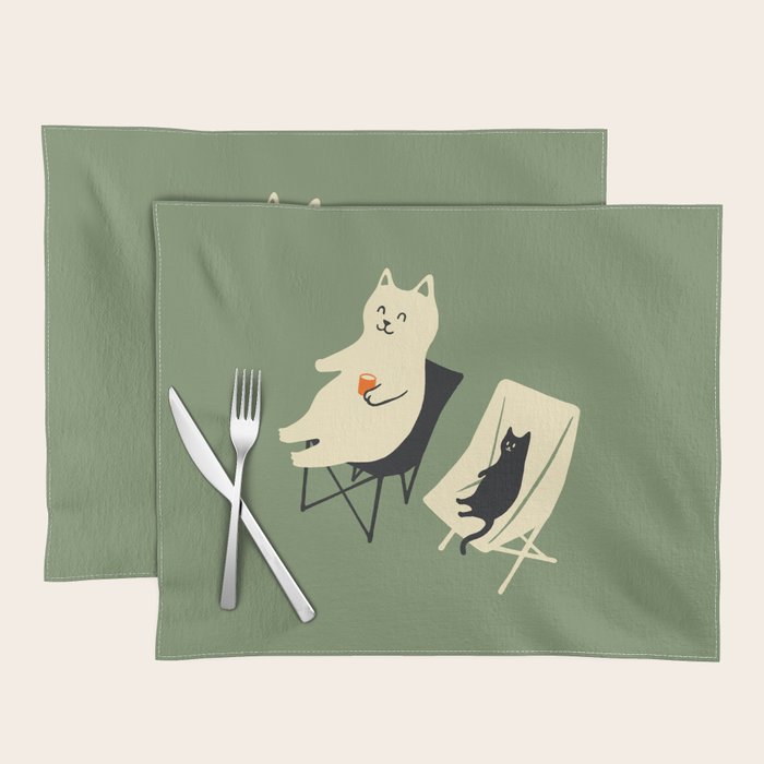 Happy go Lucky Cat 4r relax enjoy coffee on chair Placemat Gallery Image 1