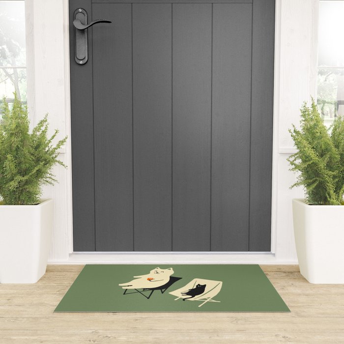 Happy go Lucky Cat 4r relax enjoy coffee on chair Welcome Mat Gallery Image 3