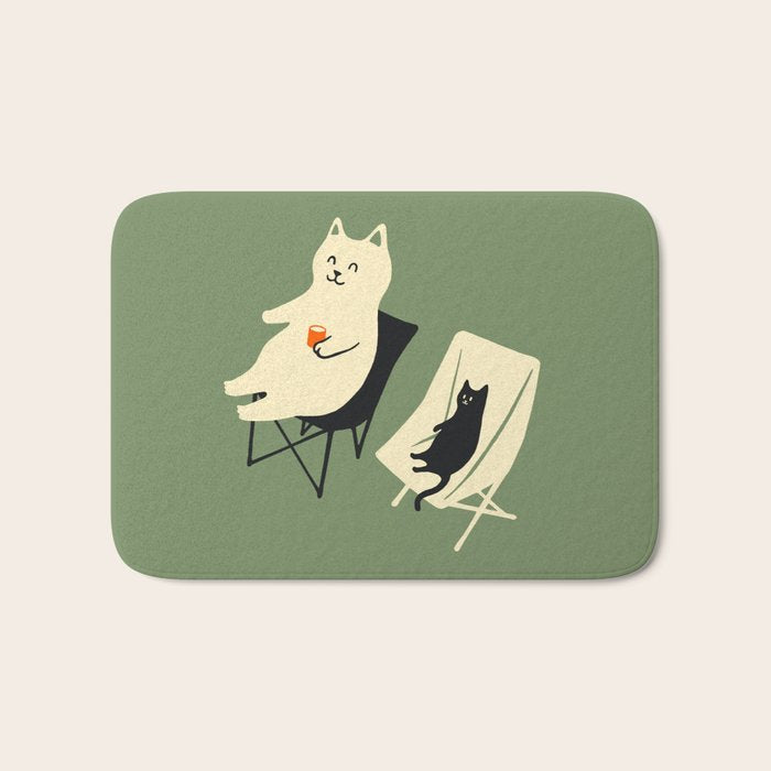 Happy go Lucky Cat 4r relax enjoy coffee on chair Bath Mat Gallery Image 1