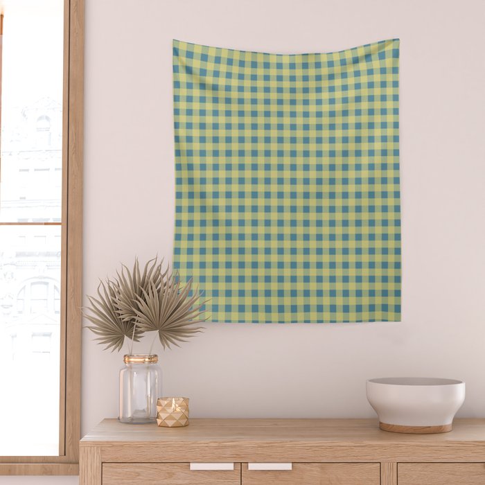 Gingham Check Pattern in Butter Yellow and Air Force Blue Wall Tapestry Gallery Image 2