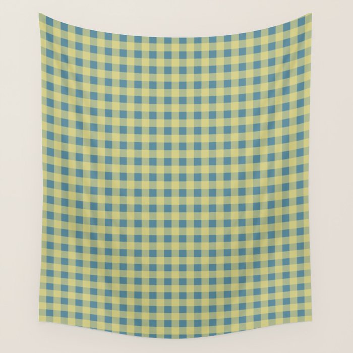 Gingham Check Pattern in Butter Yellow and Air Force Blue Wall Tapestry Gallery Image 4