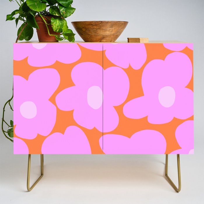 Pastel Pink Retro Flowers Orange Background #decor #society6 #buyart Credenza Gallery Image 1