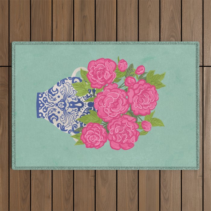 Pink Peonies in Ginger Jar Vase Outdoor Rug Gallery Image 1