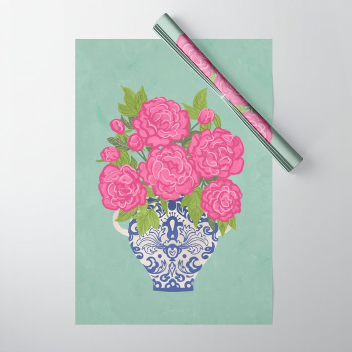 Pink Peonies in Ginger Jar Vase Wrapping Paper Gallery Image 1