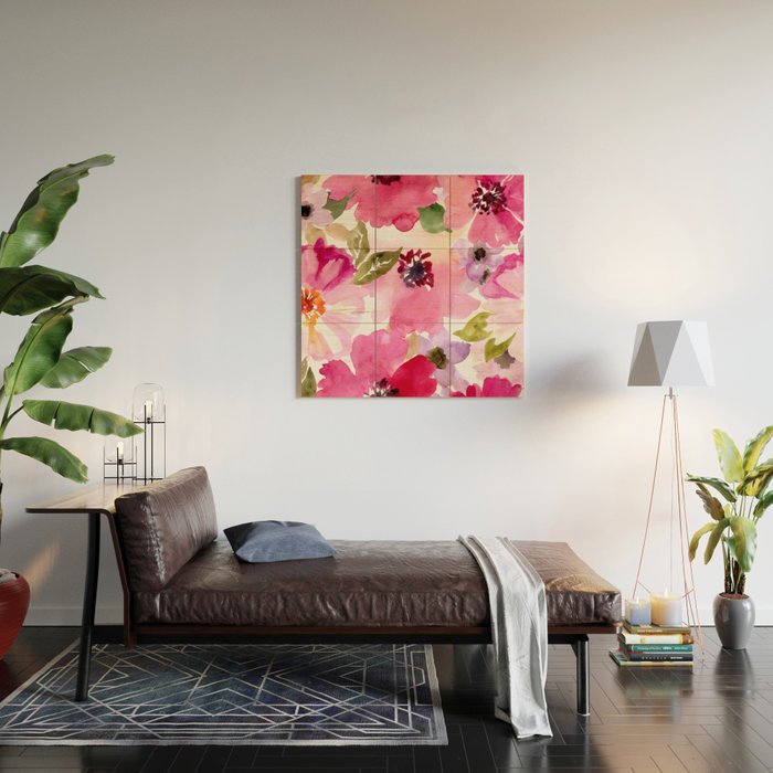 Watercolor Flowers Pink Fuchsia Wood Wall Art Gallery Image 2