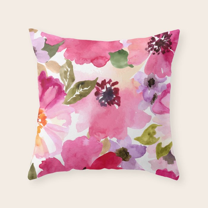 Watercolor Flowers Pink Fuchsia Throw Pillow Gallery Image 1