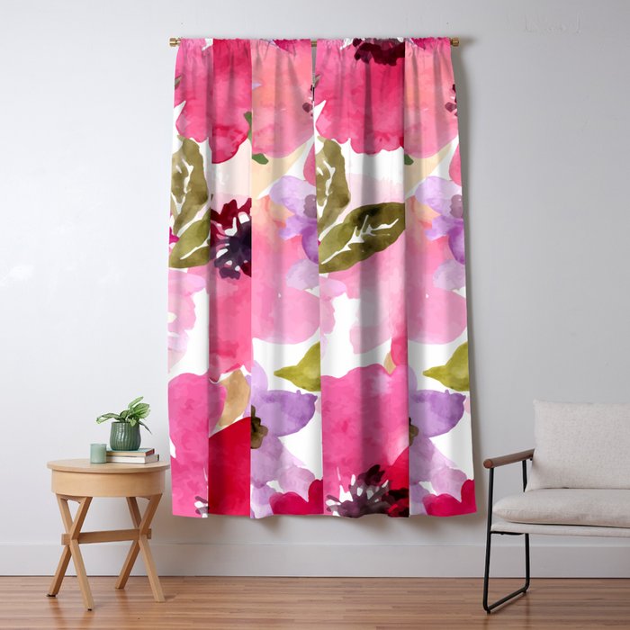 Watercolor Flowers Pink Fuchsia Window Curtain Gallery Image 1