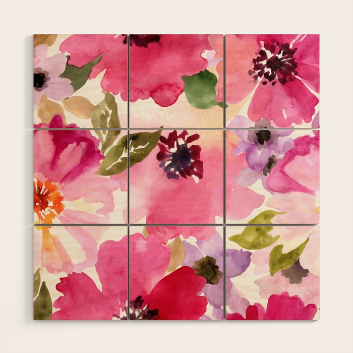 Watercolor Flowers Pink Fuchsia Wood Wall Art Gallery Image 1