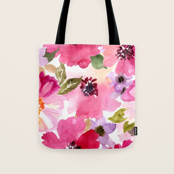 Watercolor Flowers Pink Fuchsia Tote Bag Gallery Image 1
