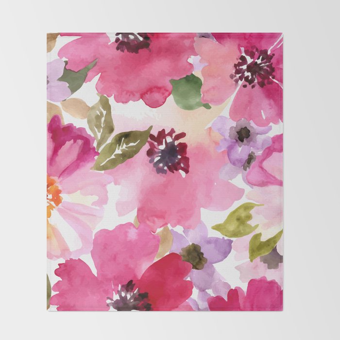Watercolor Flowers Pink Fuchsia Throw Blanket Gallery Image 2