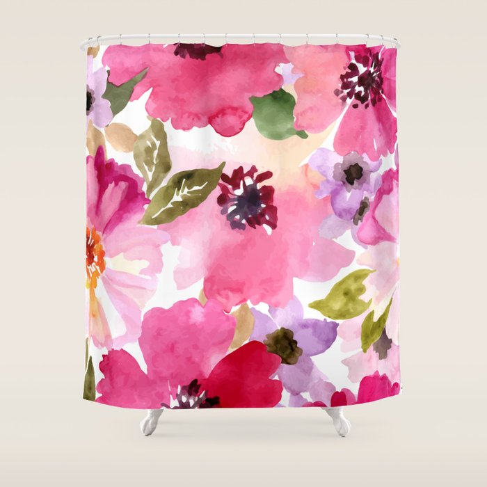 Watercolor Flowers Pink Fuchsia Shower Curtain Gallery Image 1