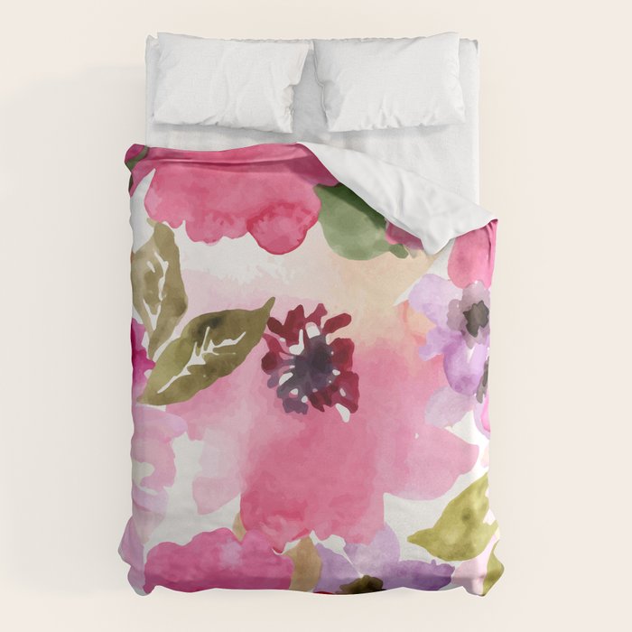 Watercolor Flowers Pink Fuchsia Duvet Cover Gallery Image 1
