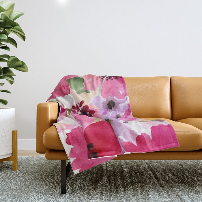 Watercolor Flowers Pink Fuchsia Throw Blanket Gallery Image 1