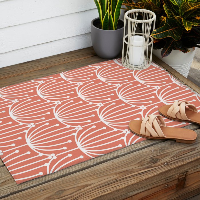 Retro Art, Floral Prints, Coral and White Outdoor Rug Gallery Image 2