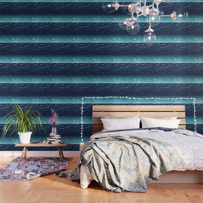 Garlands of stars, watercolor teal ocean Wallpaper