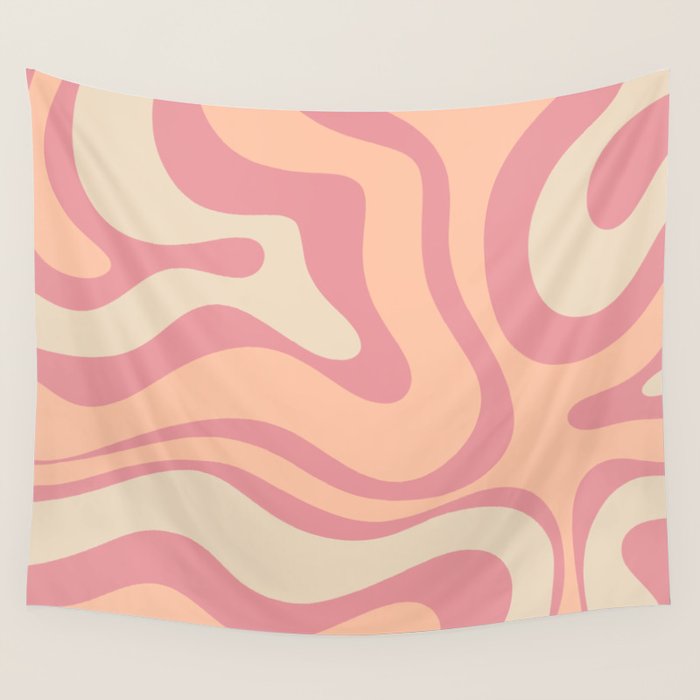 Modern Retro Liquid Swirl Abstract Pattern Square in Rose Pink and Salmon Wall Tapestry Gallery Image 4