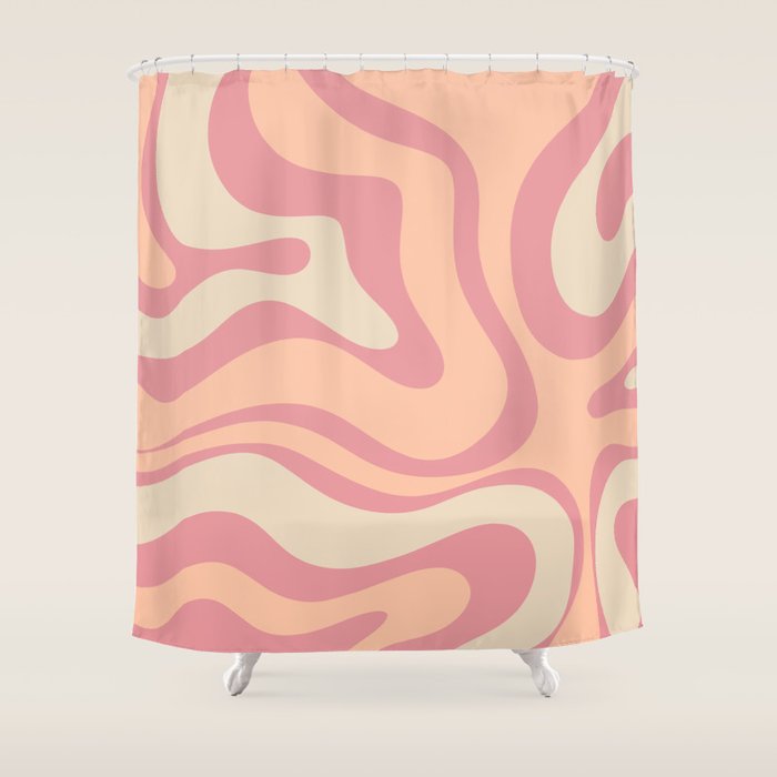 Modern Retro Liquid Swirl Abstract Pattern Square in Rose Pink and Salmon Shower Curtain Gallery Image 1