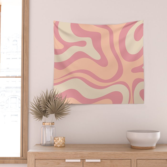 Modern Retro Liquid Swirl Abstract Pattern Square in Rose Pink and Salmon Wall Tapestry Gallery Image 2