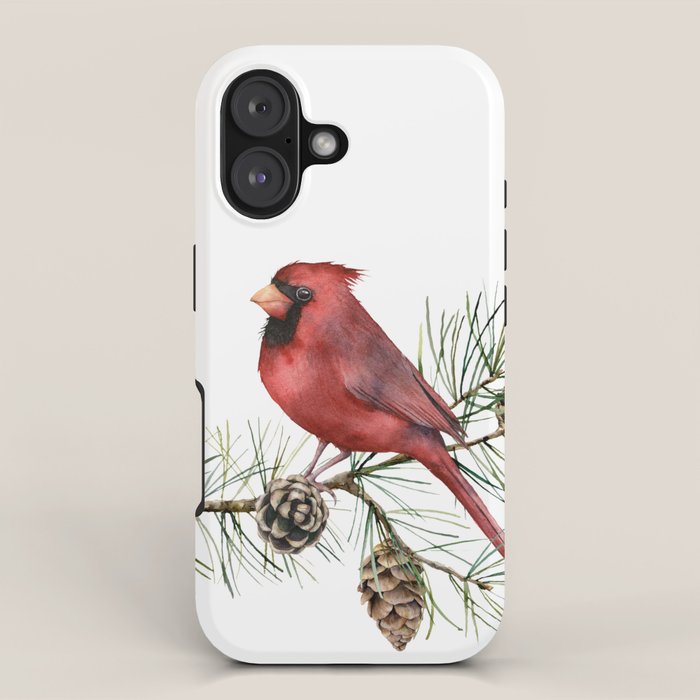 Christmas Red Cardinal Bird and Pine Watercolor iPhone Case Gallery Image 1