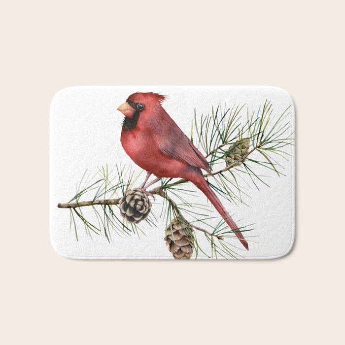 Christmas Red Cardinal Bird and Pine Watercolor Bath Mat Gallery Image 1