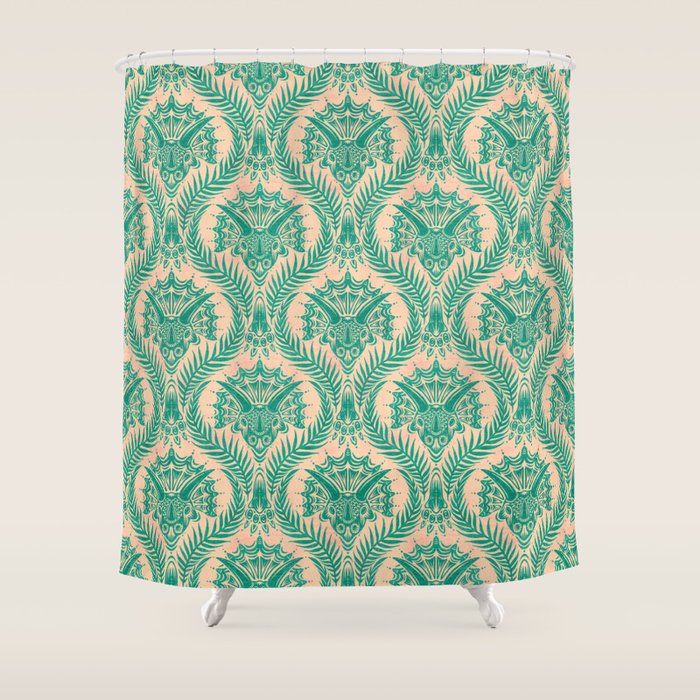 Triceratops Damask - Verdigris on peach Shower Curtain Gallery Image 1