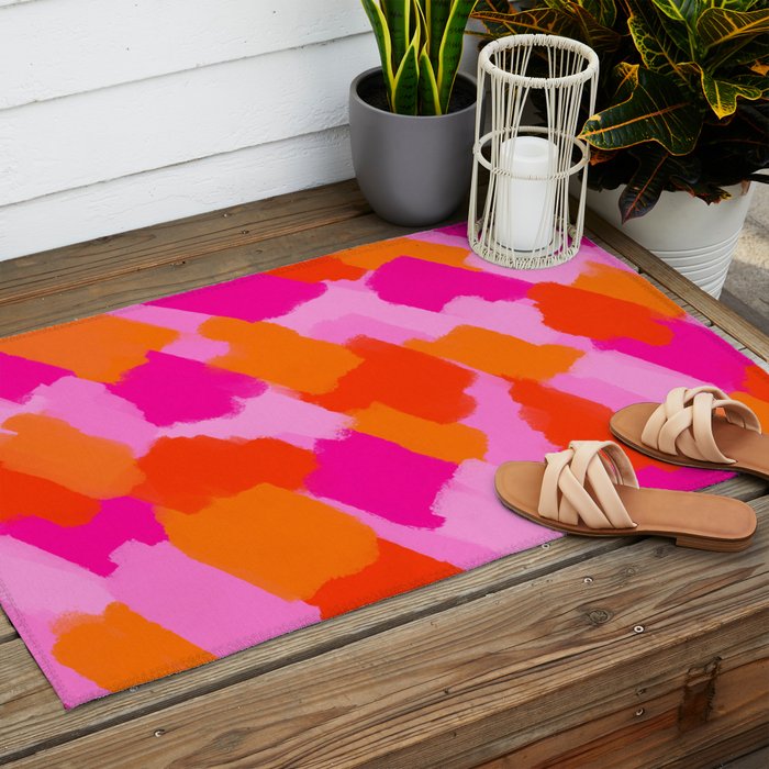 Pink and Orange Abstract Brush Strokes Palette Style Pattern Outdoor Rug Gallery Image 2