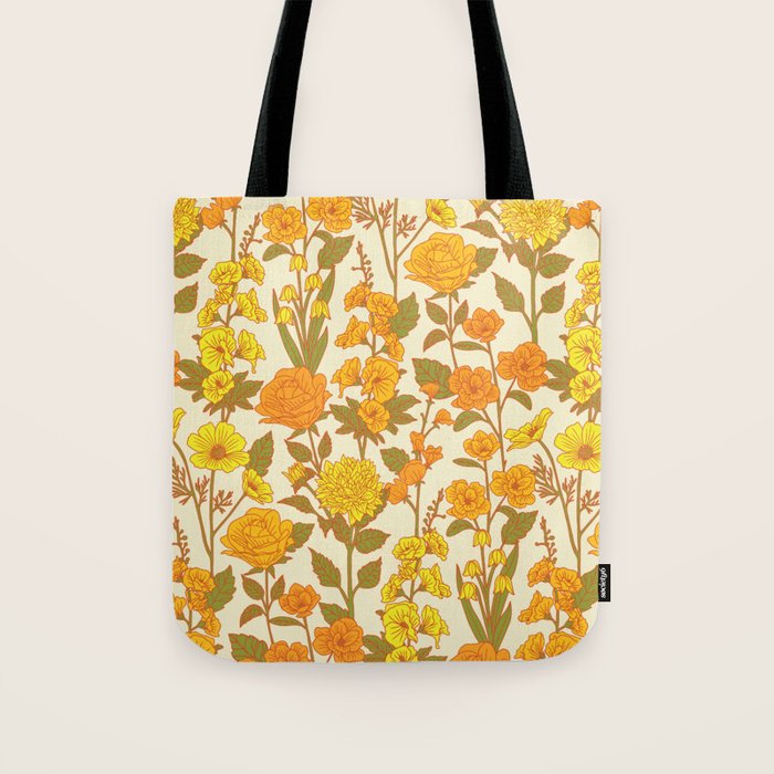 Yellow Vintage-Inspired 70s Floral Cottage Garden Tote Bag Gallery Image 1