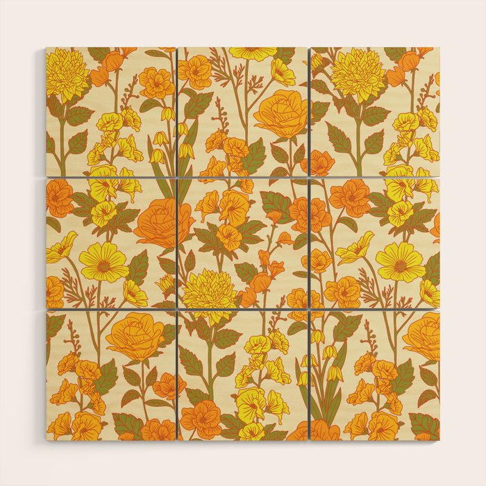 Yellow Vintage-Inspired 70s Floral Cottage Garden Wood Wall Art Gallery Image 1