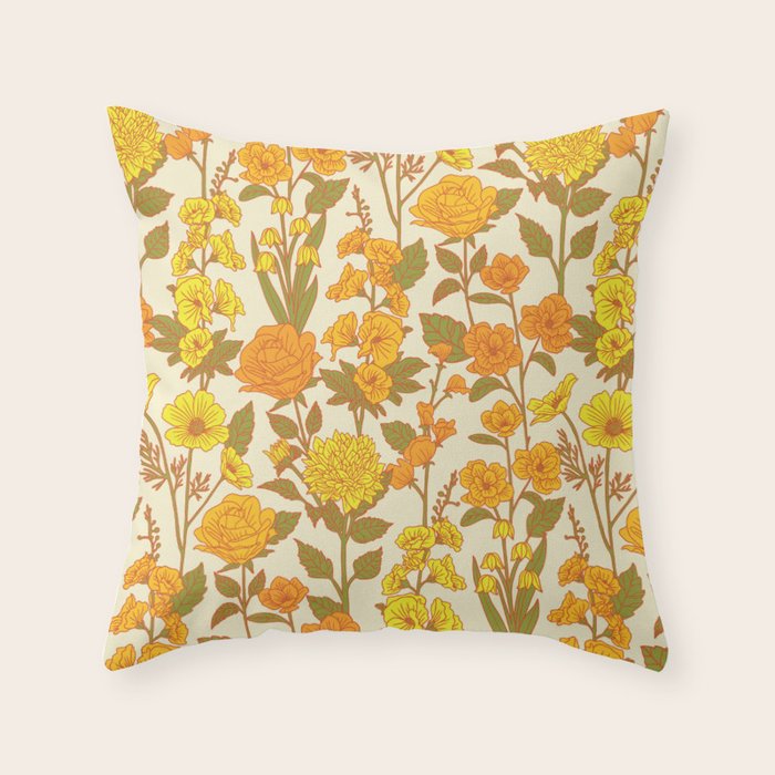 Yellow Vintage-Inspired 70s Floral Cottage Garden Throw Pillow Gallery Image 6
