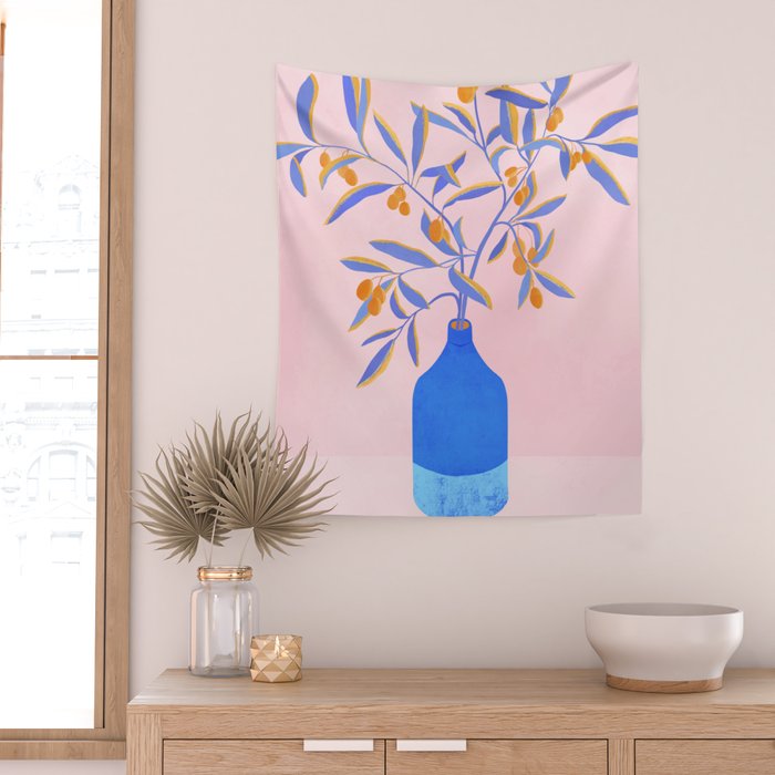 Blue Branches Botanical Illustration  Wall Tapestry Gallery Image 2