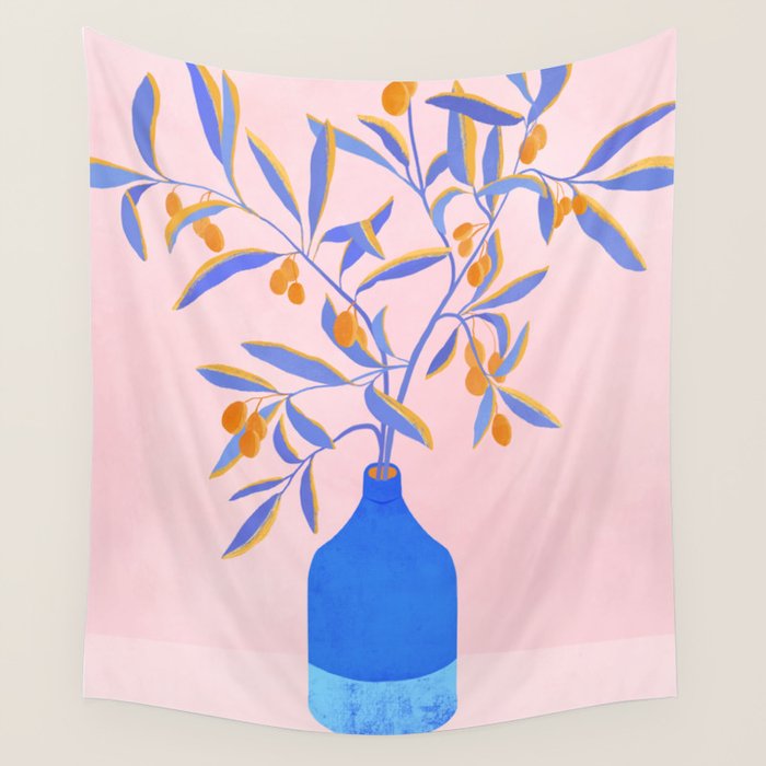 Blue Branches Botanical Illustration  Wall Tapestry Gallery Image 1