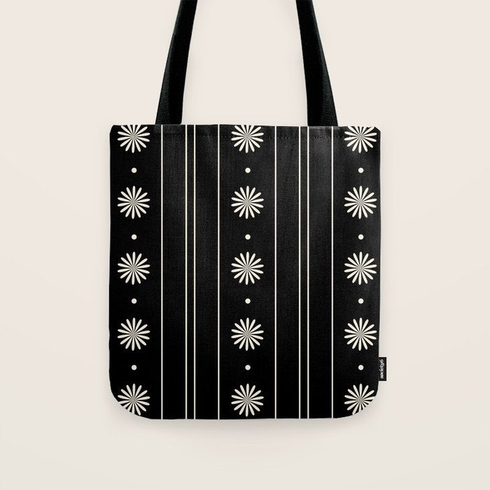 Minimalist Daisy Stripes Geometric Flowers and Stripe Pattern in Black and Almond Cream Tote Bag Gallery Image 1