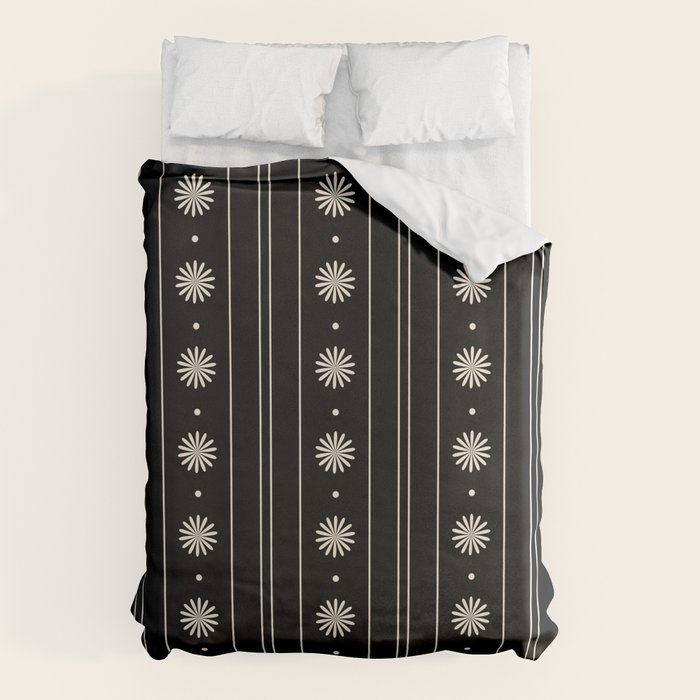 Minimalist Daisy Stripes Geometric Flowers and Stripe Pattern in Black and Almond Cream Duvet Cover Gallery Image 1