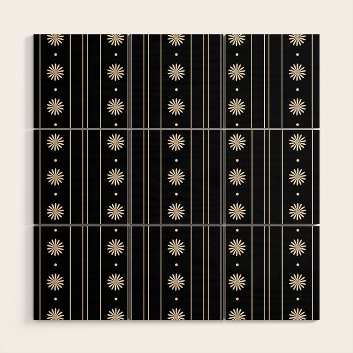 Minimalist Daisy Stripes Geometric Flowers and Stripe Pattern in Black and Almond Cream Wood Wall Art Gallery Image 1